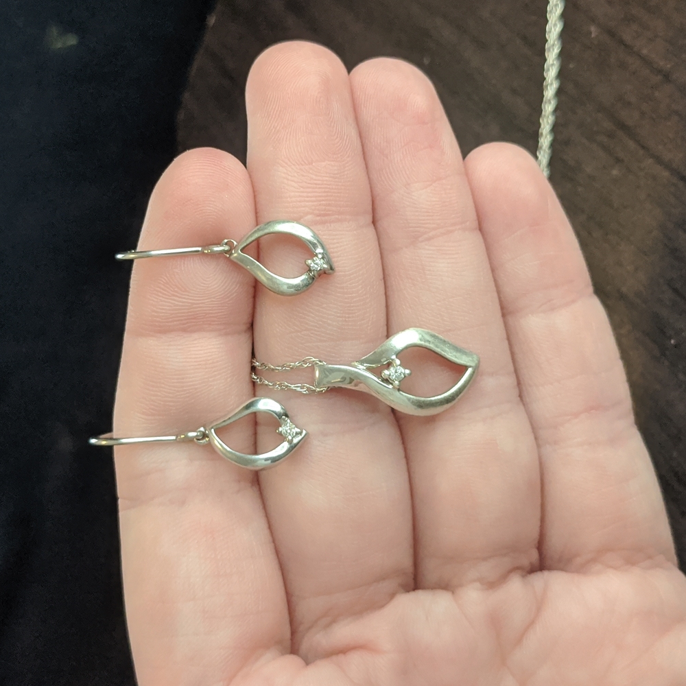 Diamond and Sterling silver earrings and necklace pendant set